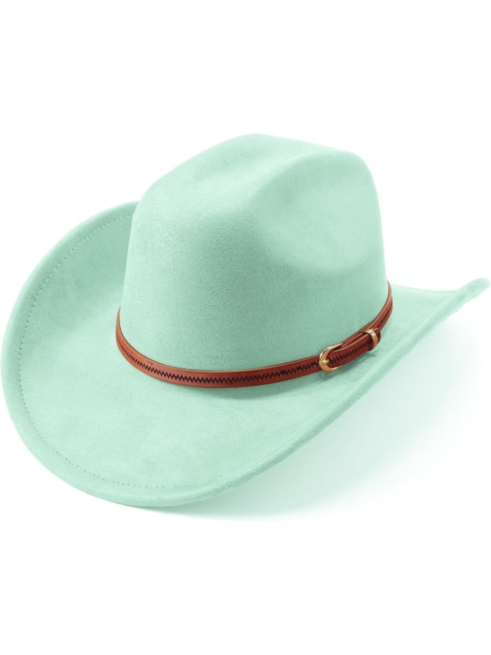Unisex Grass Green Felt Wide Brim Fedora Belt Buckle Retro Western Cowboy Hat